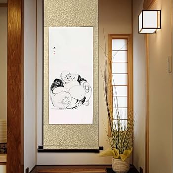 Amazon｜画家手描き 掛け軸 超お得 仏画 水墨画 /布袋様 七福神